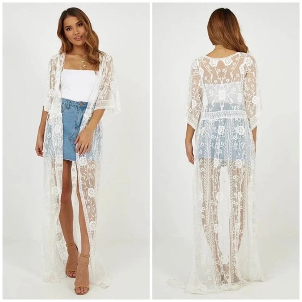 DYNAS FASHIONS DUSTER maxi BOHO vintage FLORAL embroidered lace cardigan KIMONO